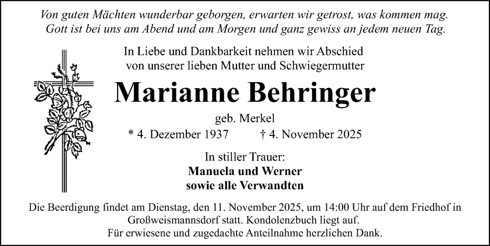  Traueranzeige für Marianne Behringer vom 08.11.2025 aus Fürther Nachrichten Lokal