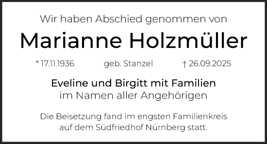 Traueranzeige von Marianne Holzmüller von Gesamtausgabe Nürnberger Nachrichten/ Nürnberger Ztg.