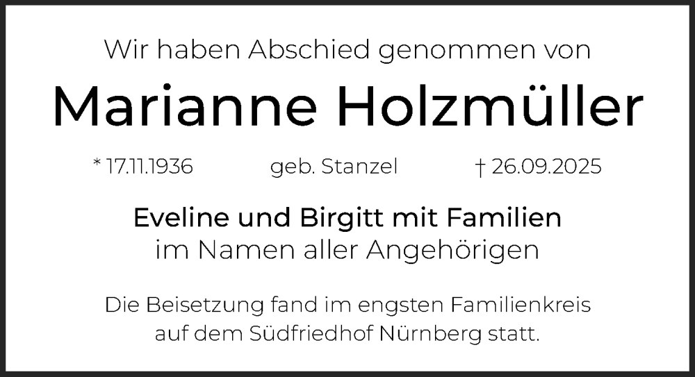  Traueranzeige für Marianne Holzmüller vom 22.11.2025 aus Gesamtausgabe Nürnberger Nachrichten/ Nürnberger Ztg.