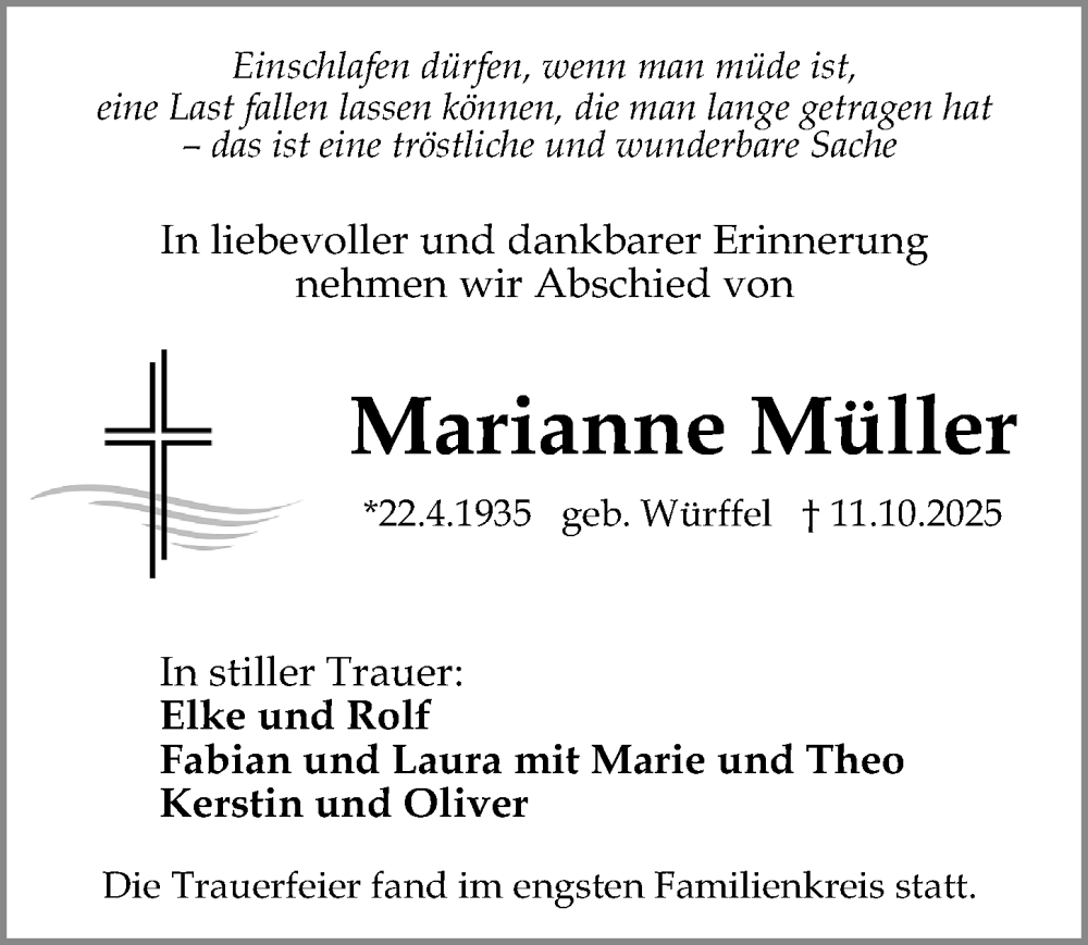  Traueranzeige für Marianne Müller vom 29.11.2025 aus Gesamtausgabe Nürnberger Nachrichten/ Nürnberger Ztg.