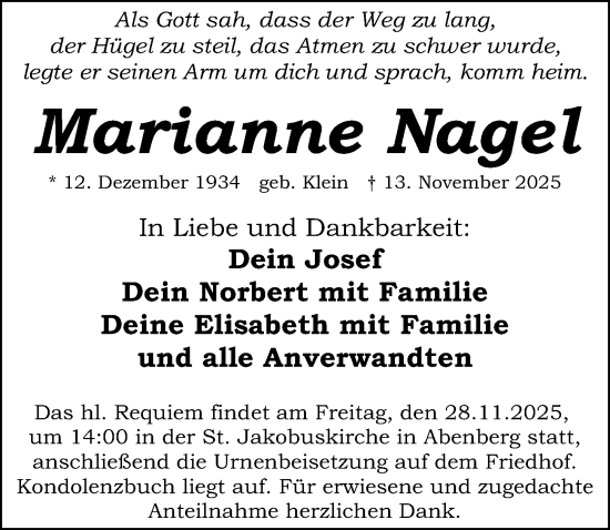 Traueranzeige von Marianne Nagel von Schwabacher Tagblatt Lokal