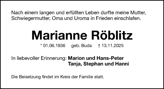 Traueranzeige von Marianne Röblitz von Gesamtausgabe Nürnberger Nachrichten/ Nürnberger Ztg.