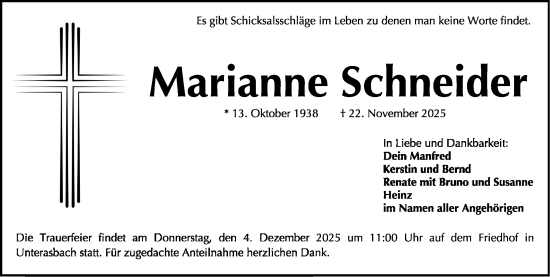 Traueranzeige von Marianne Schneider von Gesamtausgabe Nürnberger Nachrichten/ Nürnberger Ztg.
