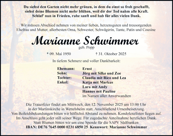 Traueranzeige von Marianne Schwimmer von Altmühl-Bote Lokal