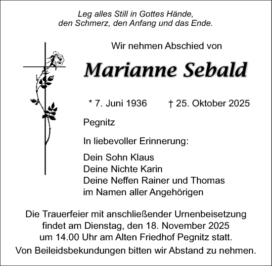 Traueranzeige von Marianne Sebald von Nordbayerische Nachrichten Pegnitz Lokal