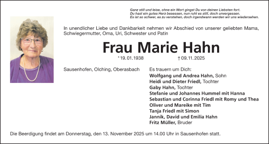 Traueranzeige von Marie Hahn von Altmühl-Bote Lokal