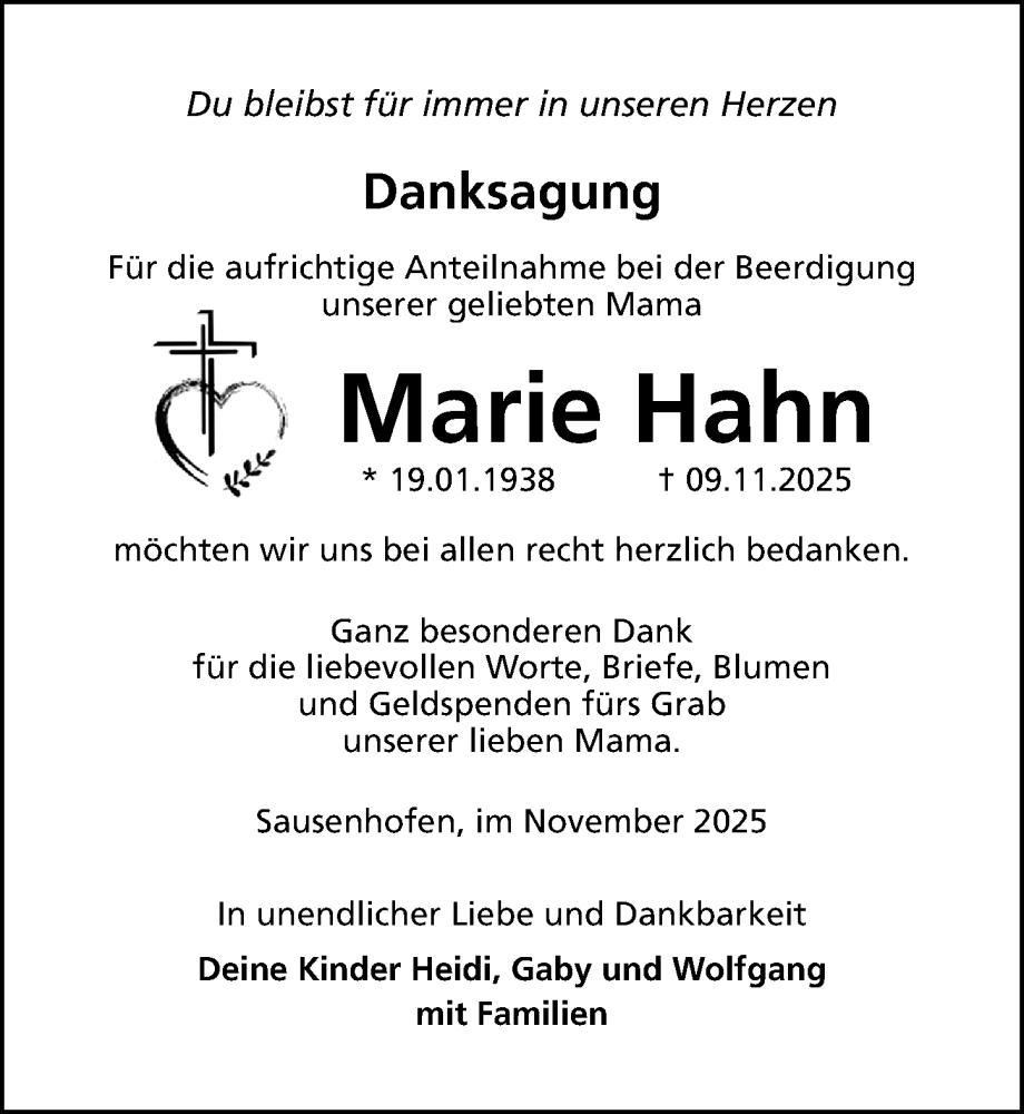  Traueranzeige für Marie Hahn vom 29.11.2025 aus Altmühl-Bote Lokal