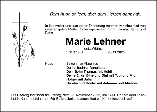 Traueranzeige von Marie Lehner von Schwabacher Tagblatt Lokal