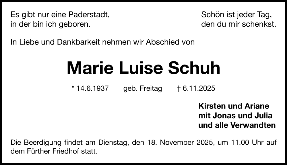  Traueranzeige für Marie Luise Schuh vom 15.11.2025 aus Fürther Nachrichten Lokal