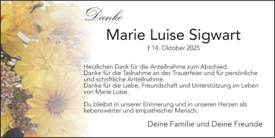 Traueranzeige von Marie Luise Sigwart von Gesamtausgabe Nürnberger Nachrichten/ Nürnberger Ztg.