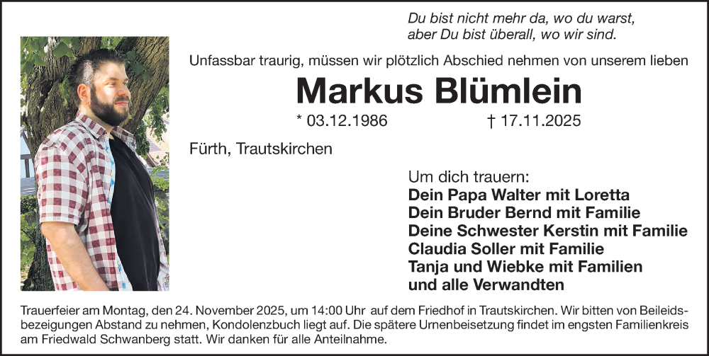  Traueranzeige für Markus Blümlein vom 20.11.2025 aus Gesamtausgabe Nürnberger Nachrichten/ Nürnberger Ztg.