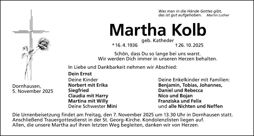  Traueranzeige für Martha Kolb vom 05.11.2025 aus Altmühl-Bote Lokal