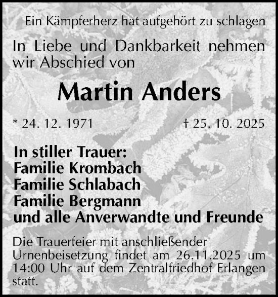 Traueranzeige von Martin Anders von Erlanger Nachrichten Lokal