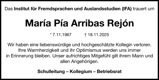 Traueranzeige von María Pía Arribas Rejón von Erlanger Nachrichten Lokal