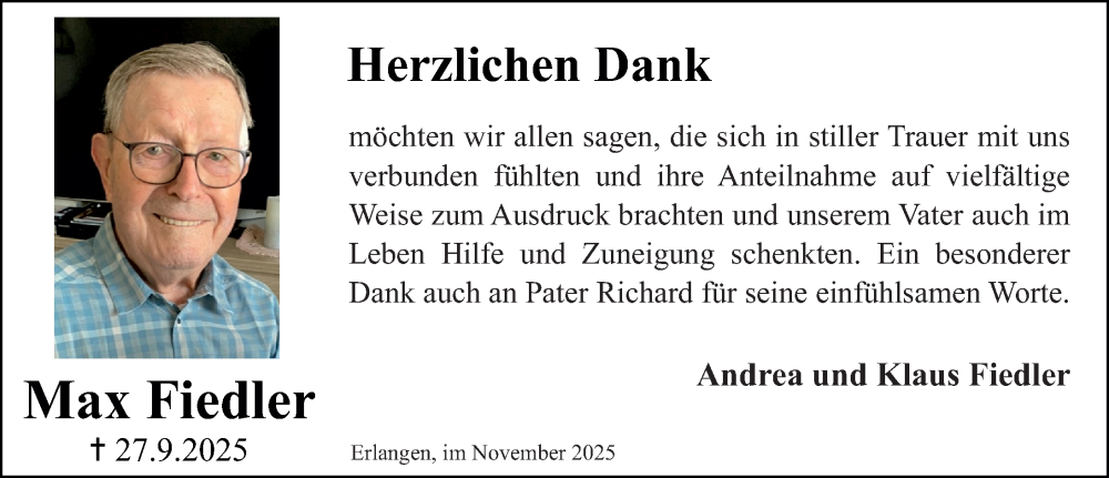  Traueranzeige für Max Fiedler vom 15.11.2025 aus Erlanger Nachrichten Lokal