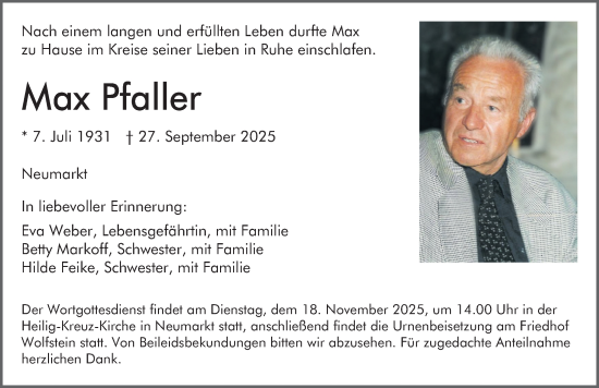 Traueranzeige von Max Pfaller von Neumarkter Nachrichten Lokal