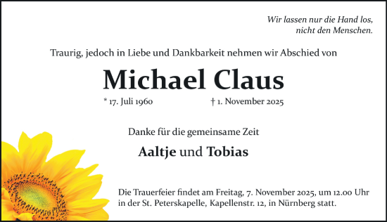 Traueranzeige von Michael Claus von Gesamtausgabe Nürnberger Nachrichten/ Nürnberger Ztg.