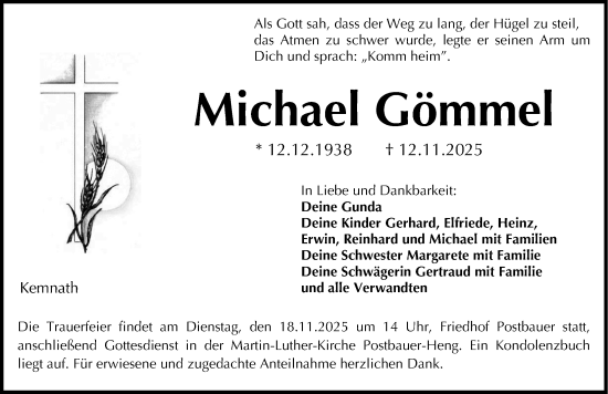 Traueranzeige von Michael Gömmel von Neumarkter Nachrichten Lokal