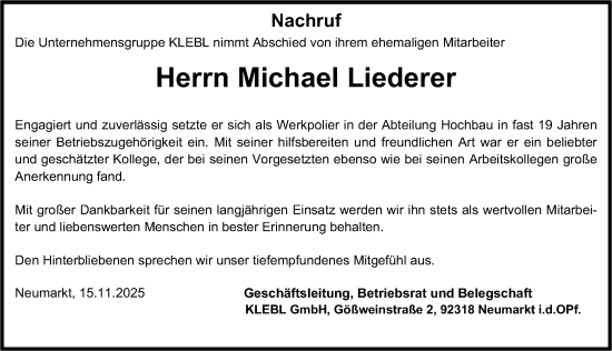 Traueranzeige von Michael Liederer von Neumarkter Nachrichten Lokal