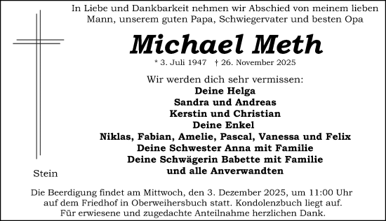 Traueranzeige von Michael Meth von Gesamtausgabe Nürnberger Nachrichten/ Nürnberger Ztg.