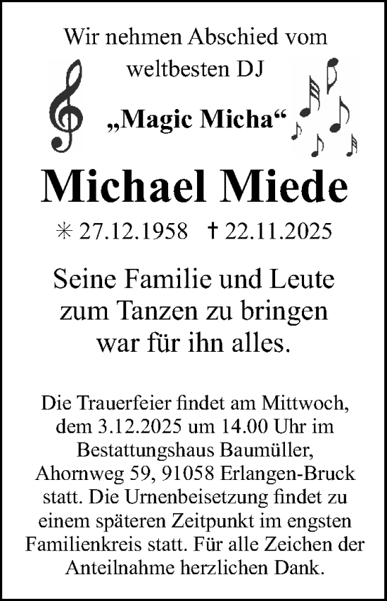 Traueranzeige von Michael Miede von Gesamtausgabe Nürnberger Nachrichten/ Nürnberger Ztg.