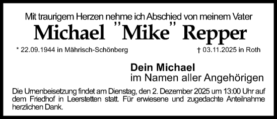 Traueranzeige von Michael Repper von Gesamtausgabe Nürnberger Nachrichten/ Nürnberger Ztg.