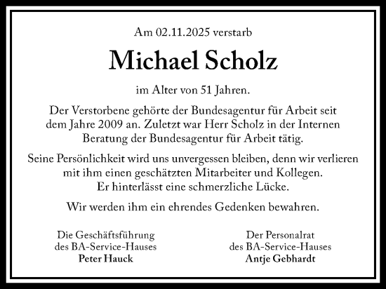 Traueranzeige von Michael Scholz von Gesamtausgabe Nürnberger Nachrichten/ Nürnberger Ztg.