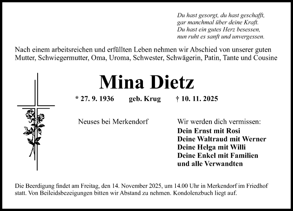  Traueranzeige für Mina Dietz vom 12.11.2025 aus Altmühl-Bote Lokal