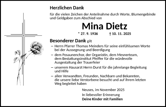 Traueranzeige von Mina Dietz von Altmühl-Bote Lokal