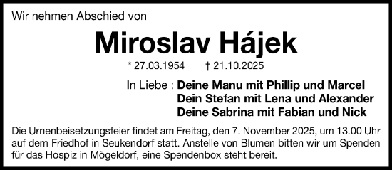 Traueranzeige von Miroslav Hájek von Fürther Nachrichten Lokal