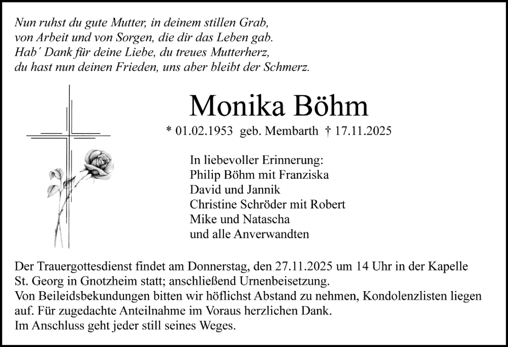  Traueranzeige für Monika Böhm vom 25.11.2025 aus Altmühl-Bote Lokal