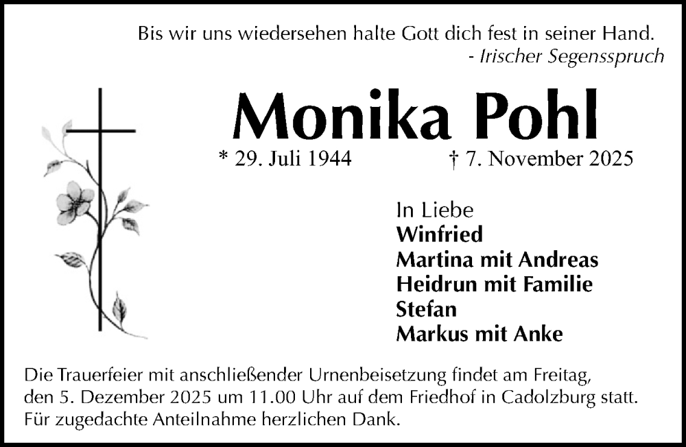  Traueranzeige für Monika Pohl vom 29.11.2025 aus Fürther Nachrichten Lokal