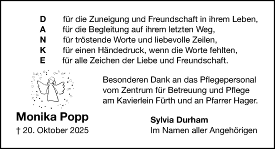 Traueranzeige von Monika Popp von Gesamtausgabe Nürnberger Nachrichten/ Nürnberger Ztg.