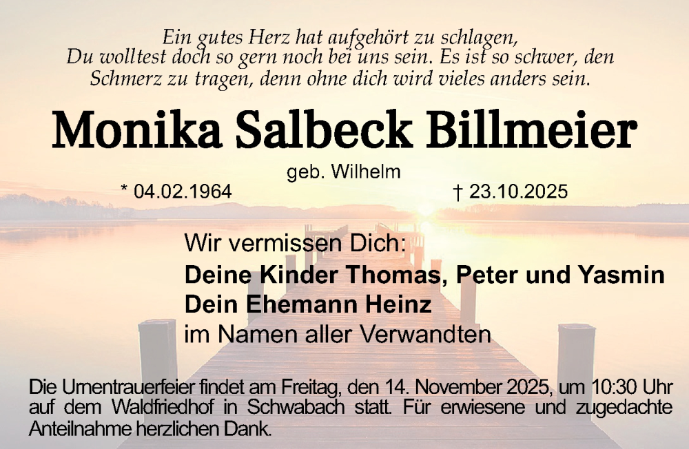  Traueranzeige für Monika Salbeck Billmeier vom 08.11.2025 aus Schwabacher Tagblatt Lokal