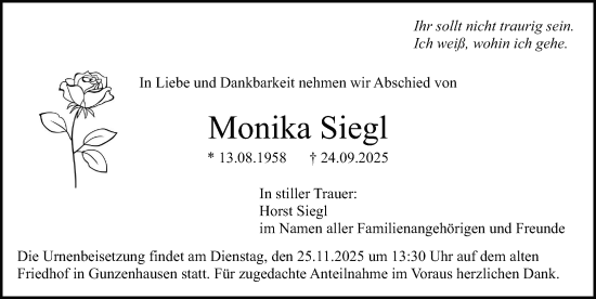 Traueranzeige von Monika Siegl von Altmühl-Bote Lokal