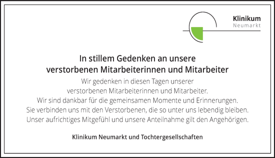 Traueranzeige von Nachruf Klinikum Neumarkt und Tochtergesellschaften von Neumarkter Nachrichten Lokal