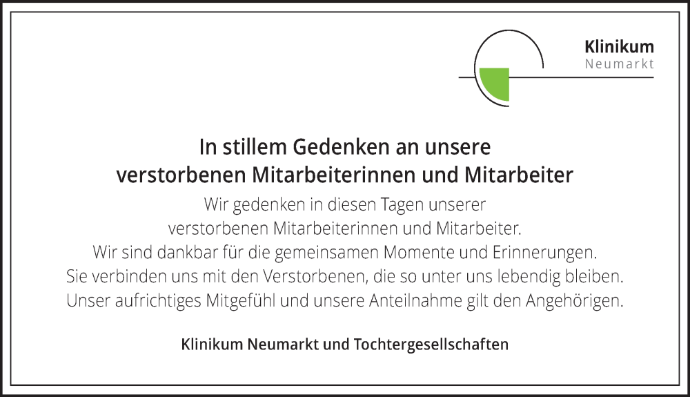  Traueranzeige für Nachruf Klinikum Neumarkt und Tochtergesellschaften vom 22.11.2025 aus Neumarkter Nachrichten Lokal