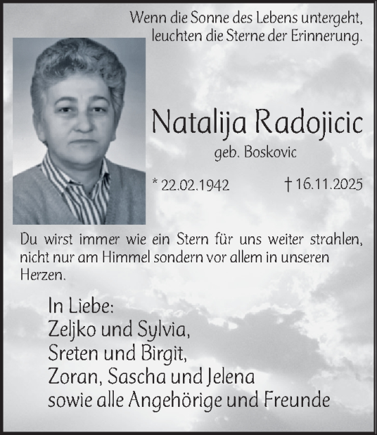 Traueranzeige von Natalija Radojicic von Gesamtausgabe Nürnberger Nachrichten/ Nürnberger Ztg.