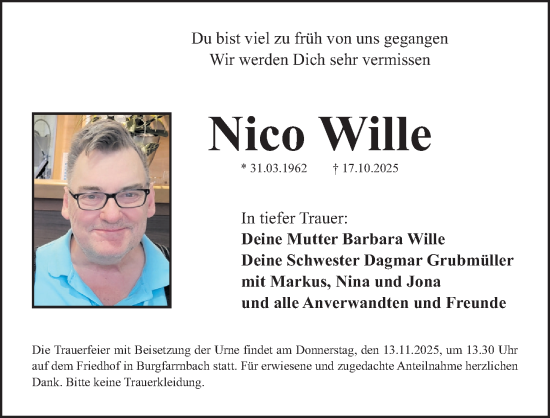 Traueranzeige von Nico Wille von Fürther Nachrichten Lokal