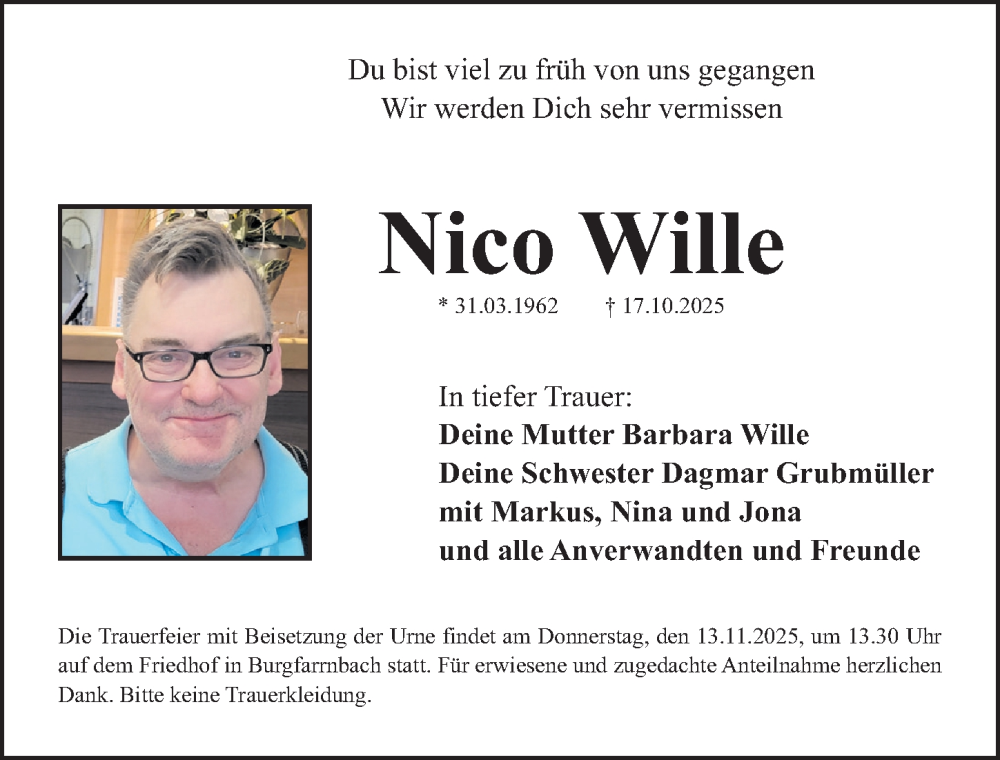 Traueranzeige für Nico Wille vom 10.11.2025 aus Fürther Nachrichten Lokal