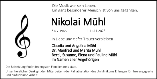Traueranzeige von Nikolai Mühl von Erlanger Nachrichten Lokal