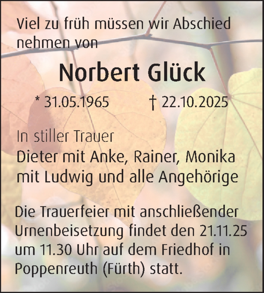  Traueranzeige für Norbert Glück vom 15.11.2025 aus Gesamtausgabe Nürnberger Nachrichten/ Nürnberger Ztg.
