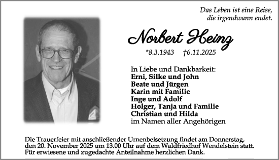 Traueranzeige von Norbert Heinz von Gesamtausgabe Nürnberger Nachrichten/ Nürnberger Ztg.