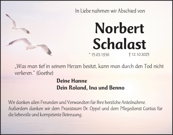 Traueranzeige von Norbert Schalast von Erlanger Nachrichten Lokal