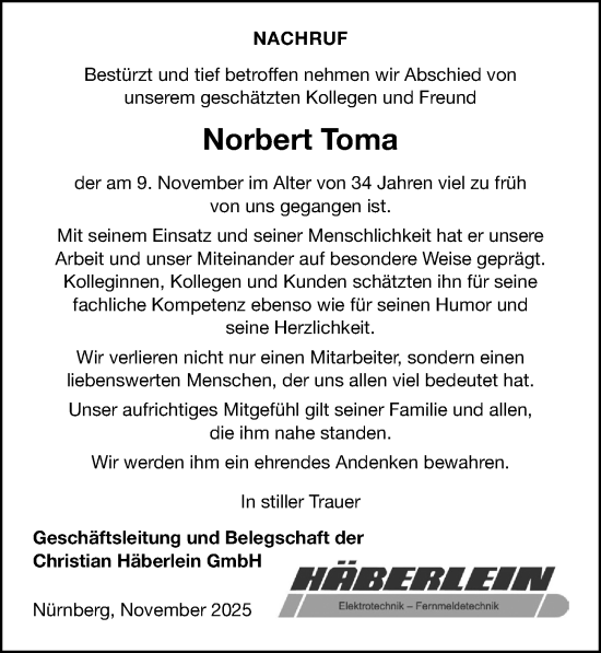 Traueranzeige von Norbert Toma von Gesamtausgabe Nürnberger Nachrichten/ Nürnberger Ztg.