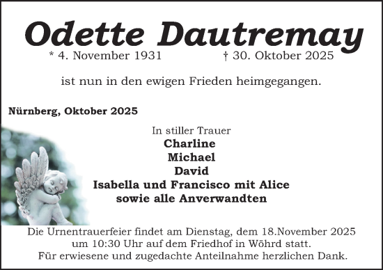 Traueranzeige von Odette Dautremay von Gesamtausgabe Nürnberger Nachrichten/ Nürnberger Ztg.