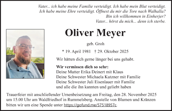 Traueranzeige von Oliver Meyer von Neumarkter Nachrichten Lokal