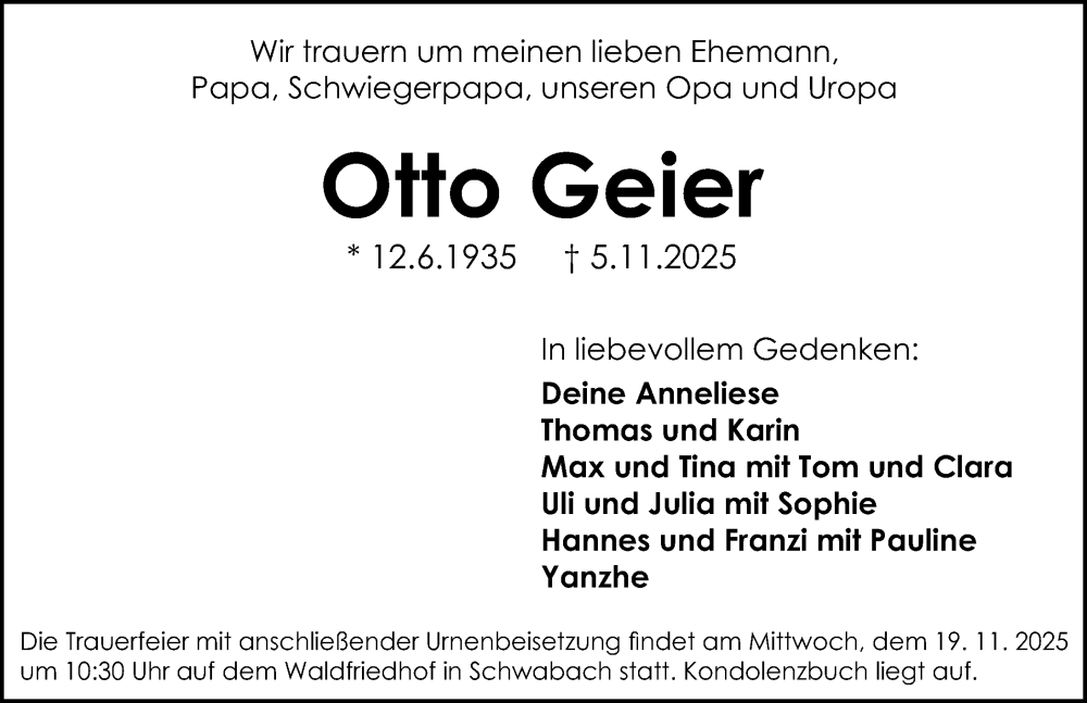  Traueranzeige für Otto Geier vom 15.11.2025 aus Schwabacher Tagblatt Lokal