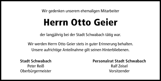 Traueranzeige von Otto Geier von Schwabacher Tagblatt Lokal