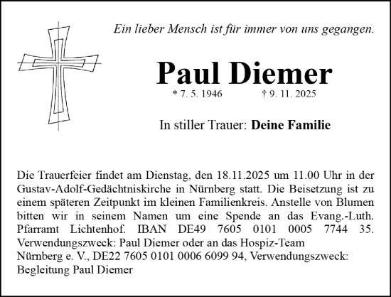 Traueranzeige von Paul Diemer von Gesamtausgabe Nürnberger Nachrichten/ Nürnberger Ztg.